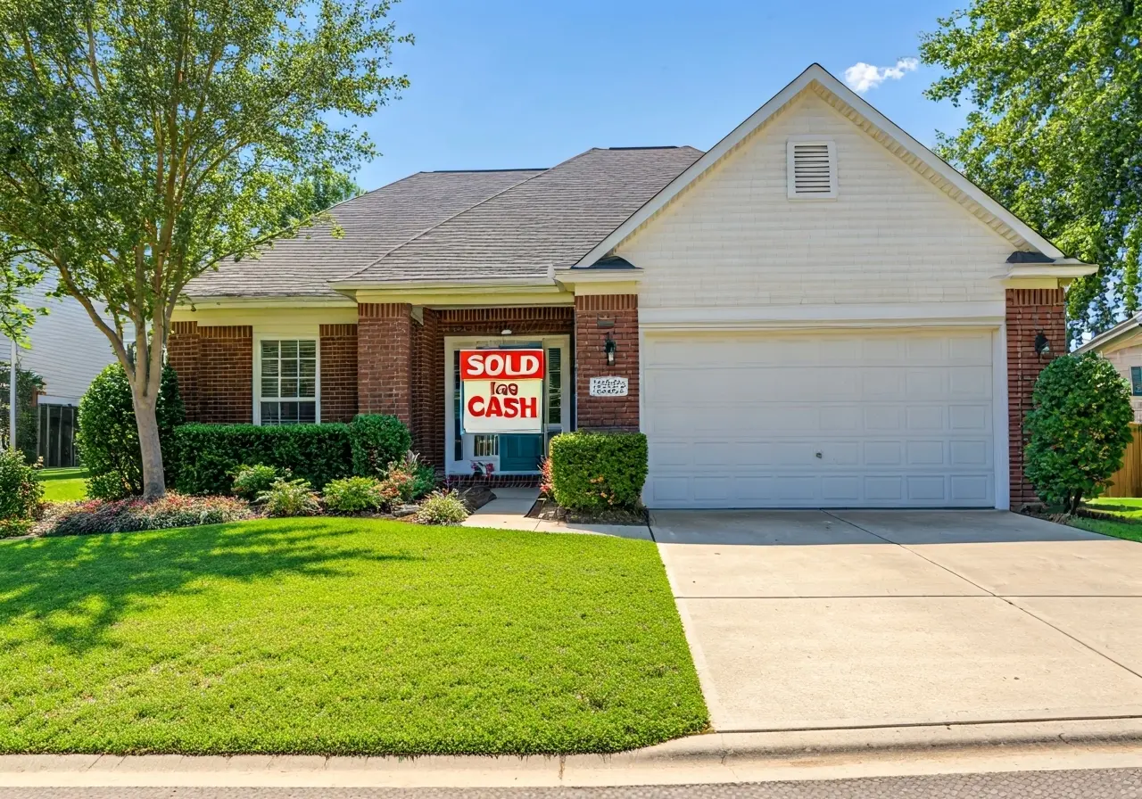 A suburban Atlanta house with a Sold for Cash sign. 35mm stock photo
