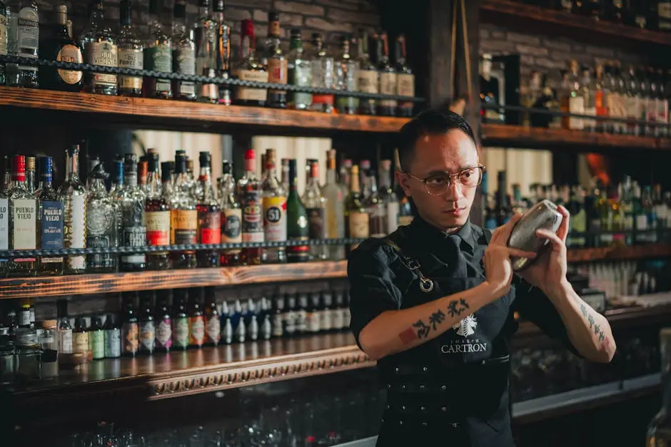 A mixologist shakes cocktails at a stylish bar in Taiwan, showcasing expert skills and a vibrant selection of spirits.