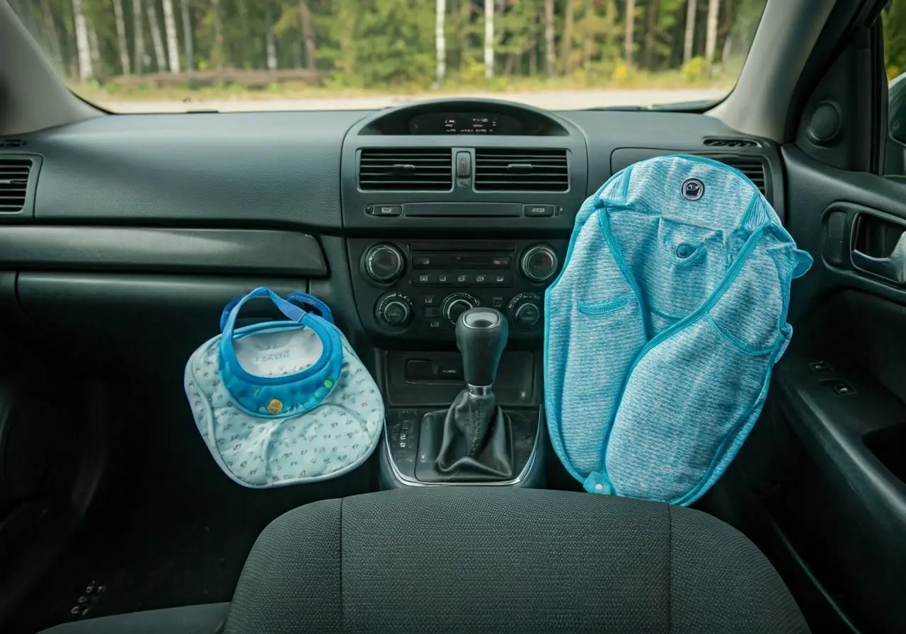 A car interior with baby travel accessories neatly arranged. 35mm stock photo