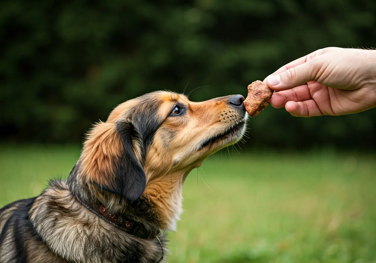 A dog receiving a treat from a hand outdoors. 35mm stock photo