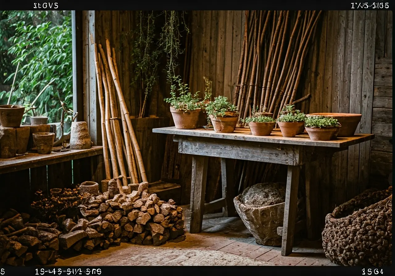 A rustic workshop with handmade planters and natural materials. 35mm stock photo