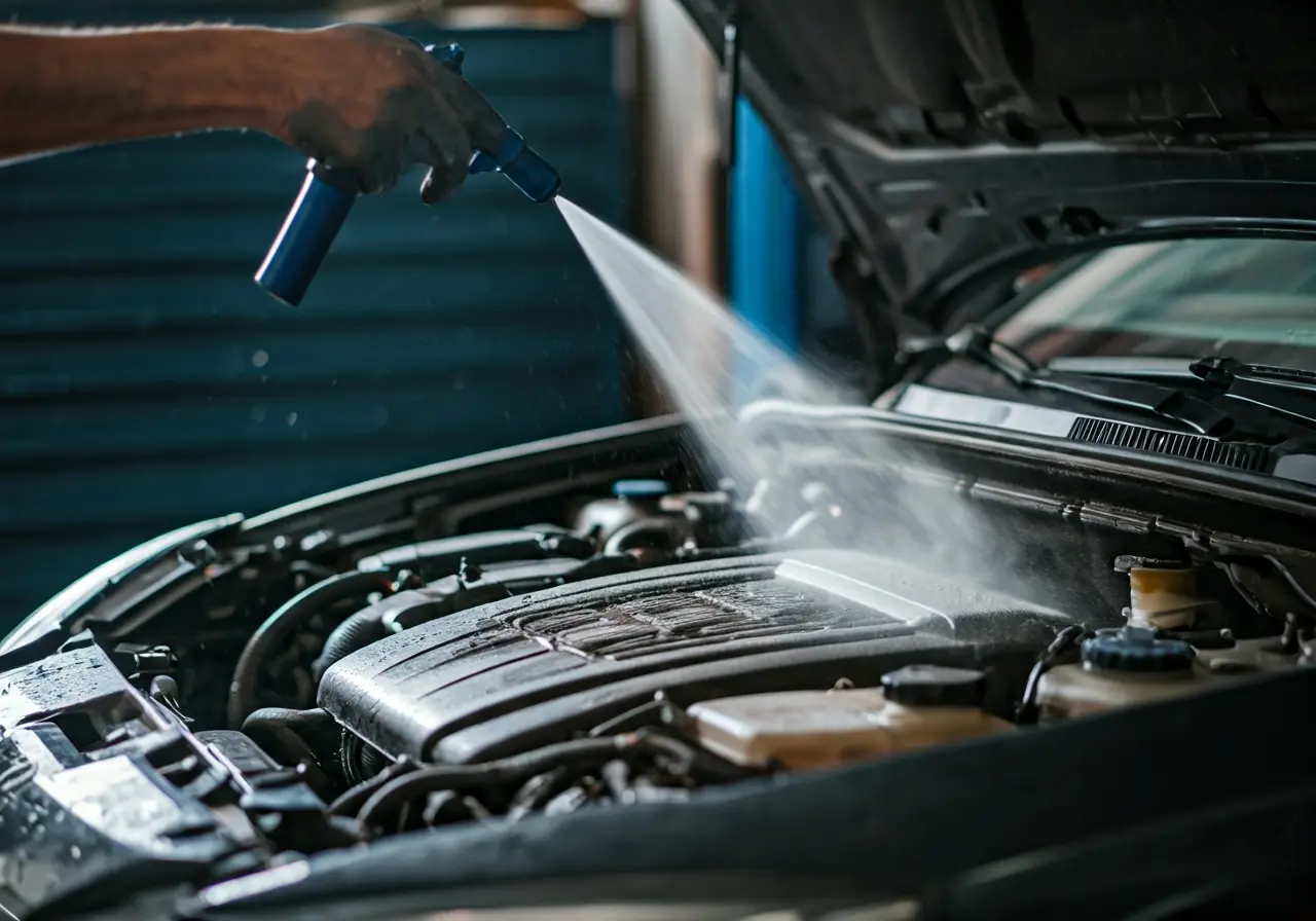 A mechanic carefully sprays water into a car&rsquo;s engine bay. 35mm stock photo