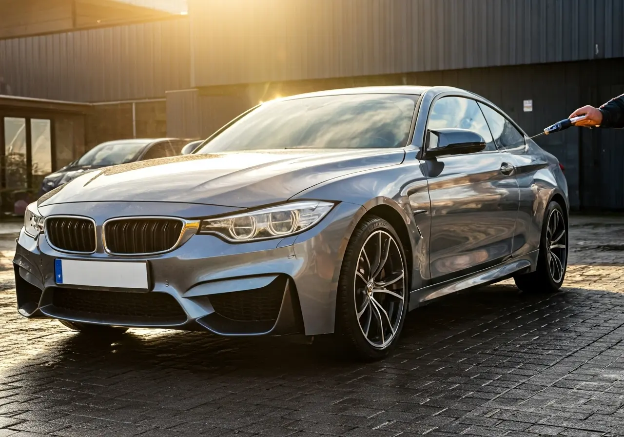 A shiny car being hand-washed in the sunlight. 35mm stock photo