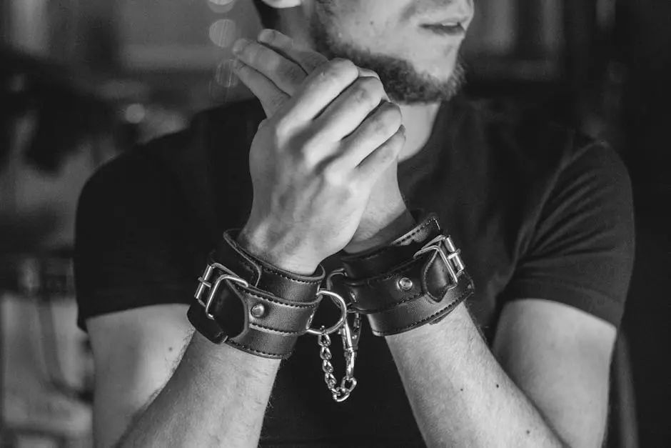 Close-up of a man’s hands in leather cuffs, evoking themes of bondage and restraint.