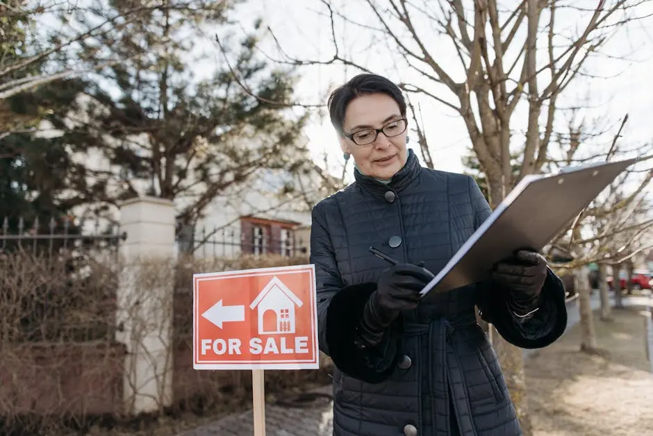 A real estate agent reviews a clipboard next to a &lsquo;For Sale&rsquo; sign outside a property on a clear day.