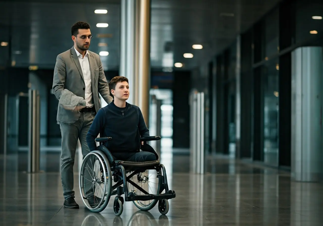 A wheelchair user being assisted through an airport terminal. 35mm stock photo