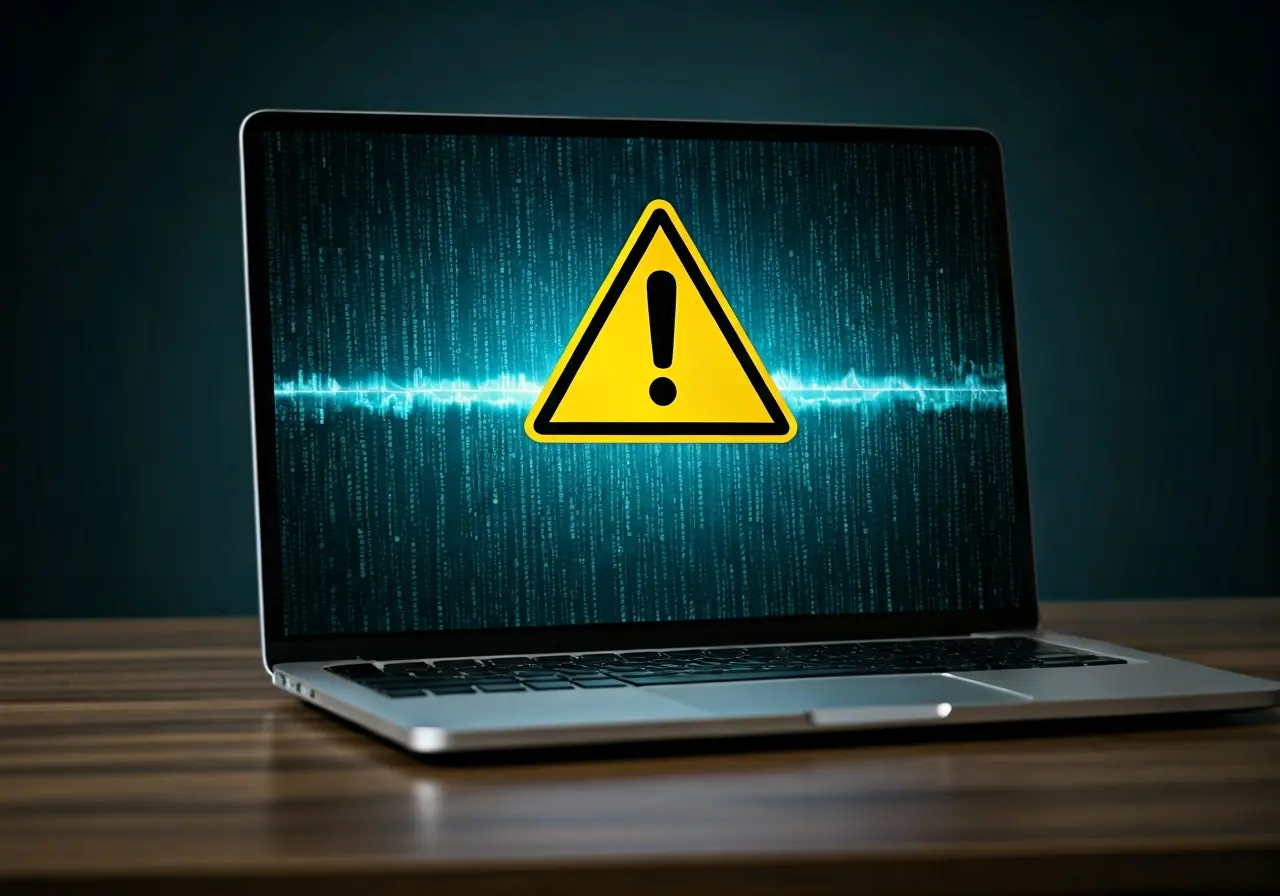 A laptop displaying a warning sign with digital background. 35mm stock photo