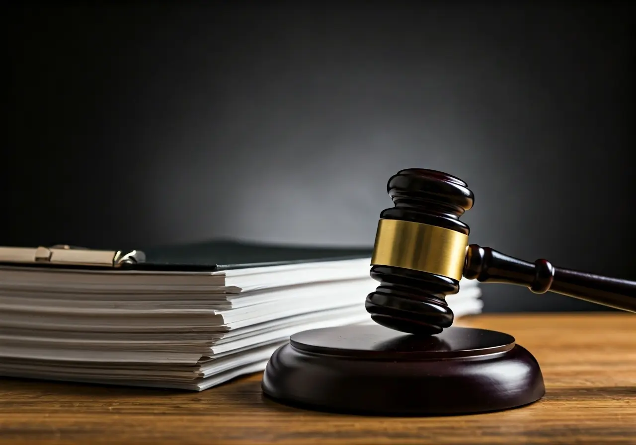 A gavel resting on a stack of legal documents. 35mm stock photo