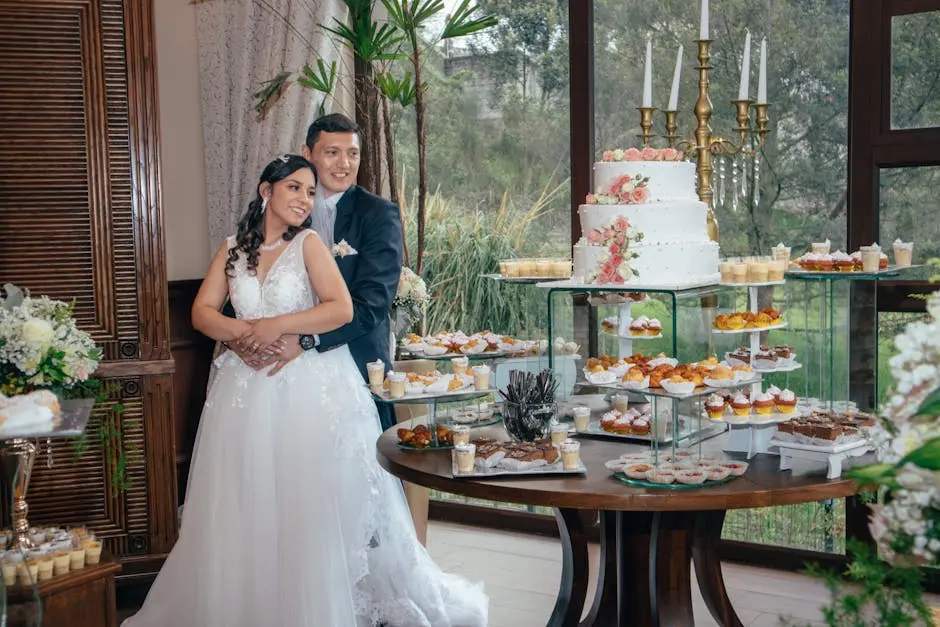 Beautiful indoor wedding scene with bride, groom, elegant decor, and dessert table.