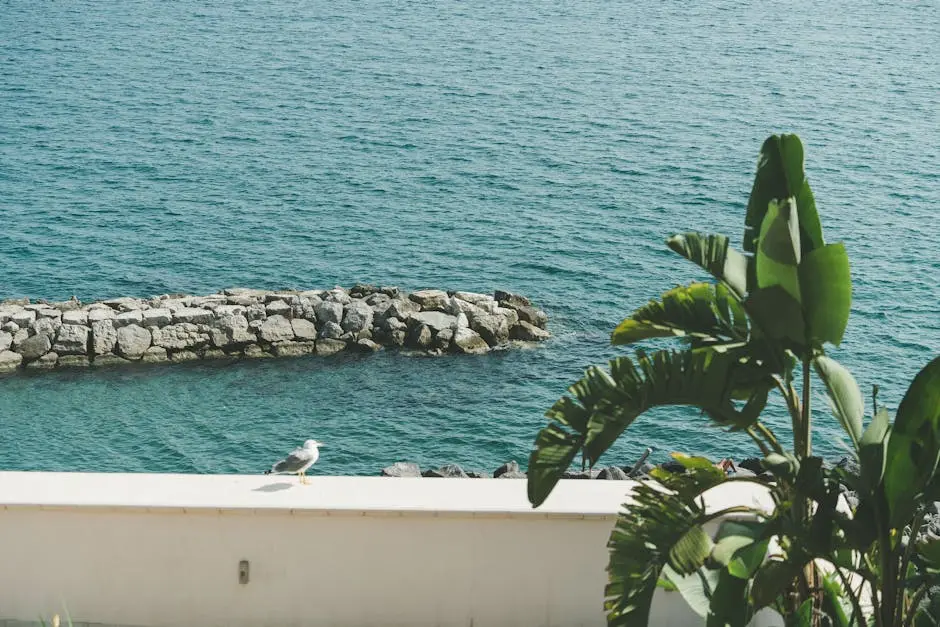 Beautiful seaside view in Naples featuring a seagull and lush plants with clear blue waters.