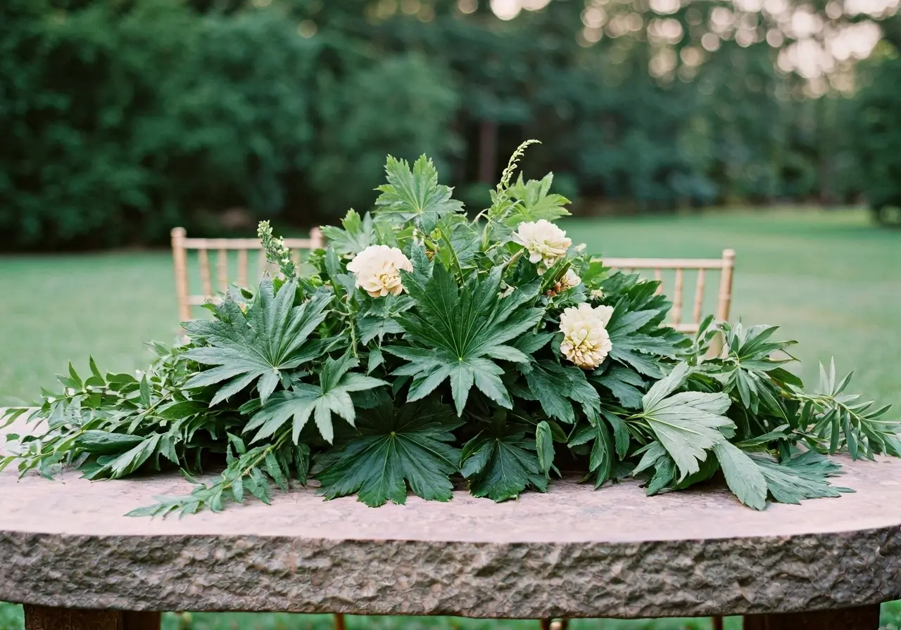 A luxurious stone table adorned with natural greenery and decor. 35mm stock photo