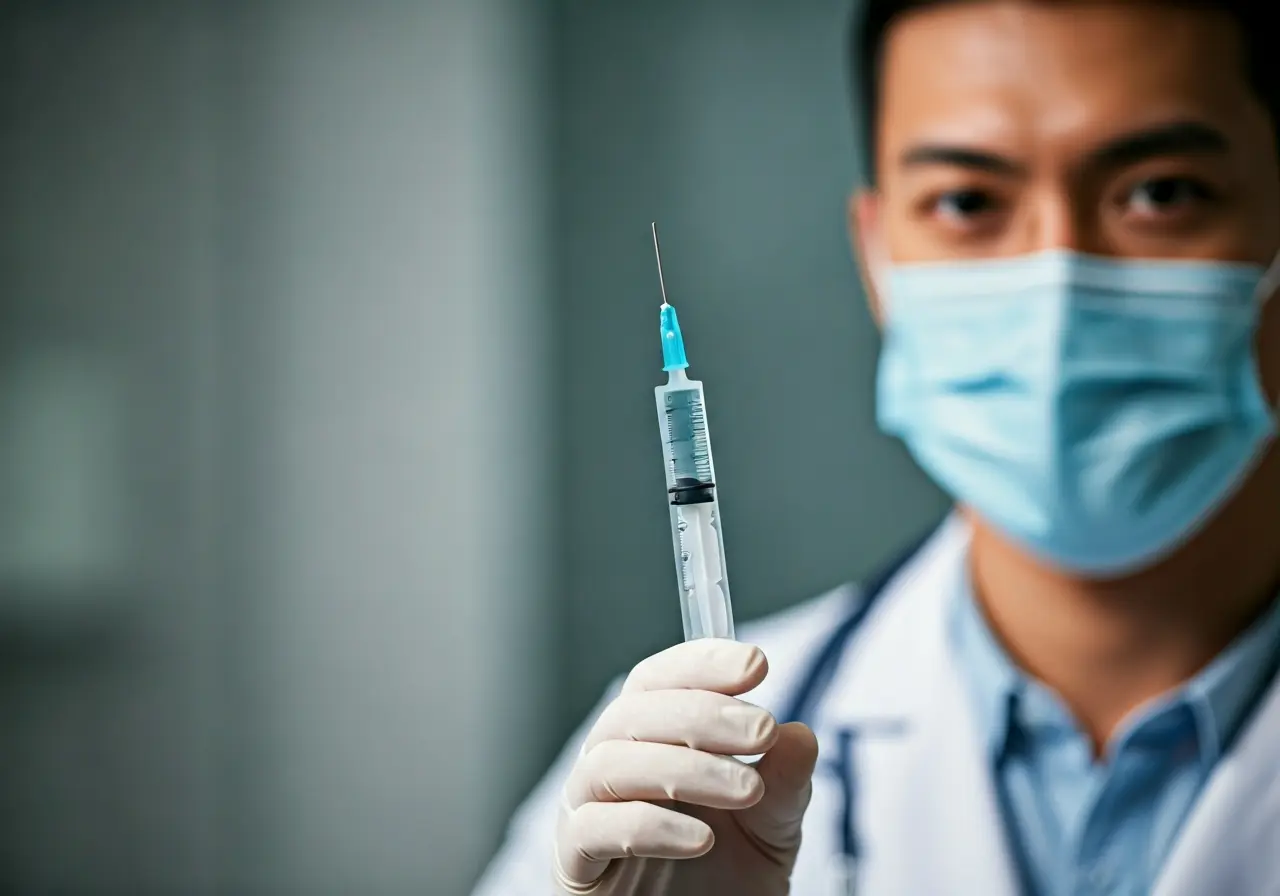 A doctor holding a syringe in a clinical setting. 35mm stock photo
