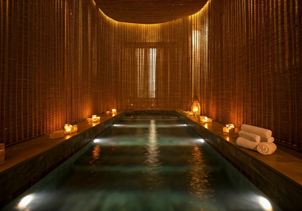 A serene spa with tranquil lighting and elegant decor. 35mm stock photo
