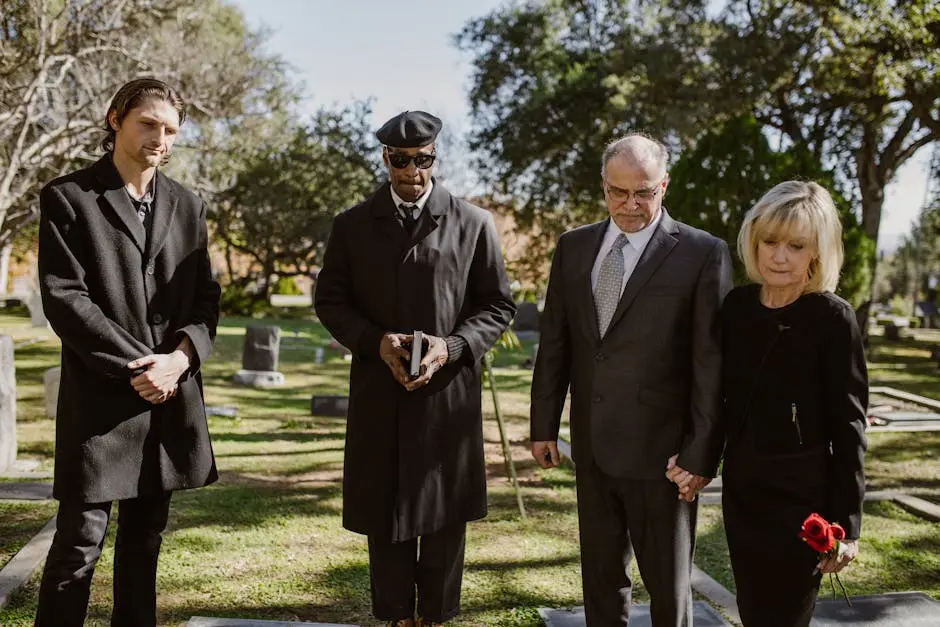 A diverse group attending a memorial service in a serene graveyard setting.