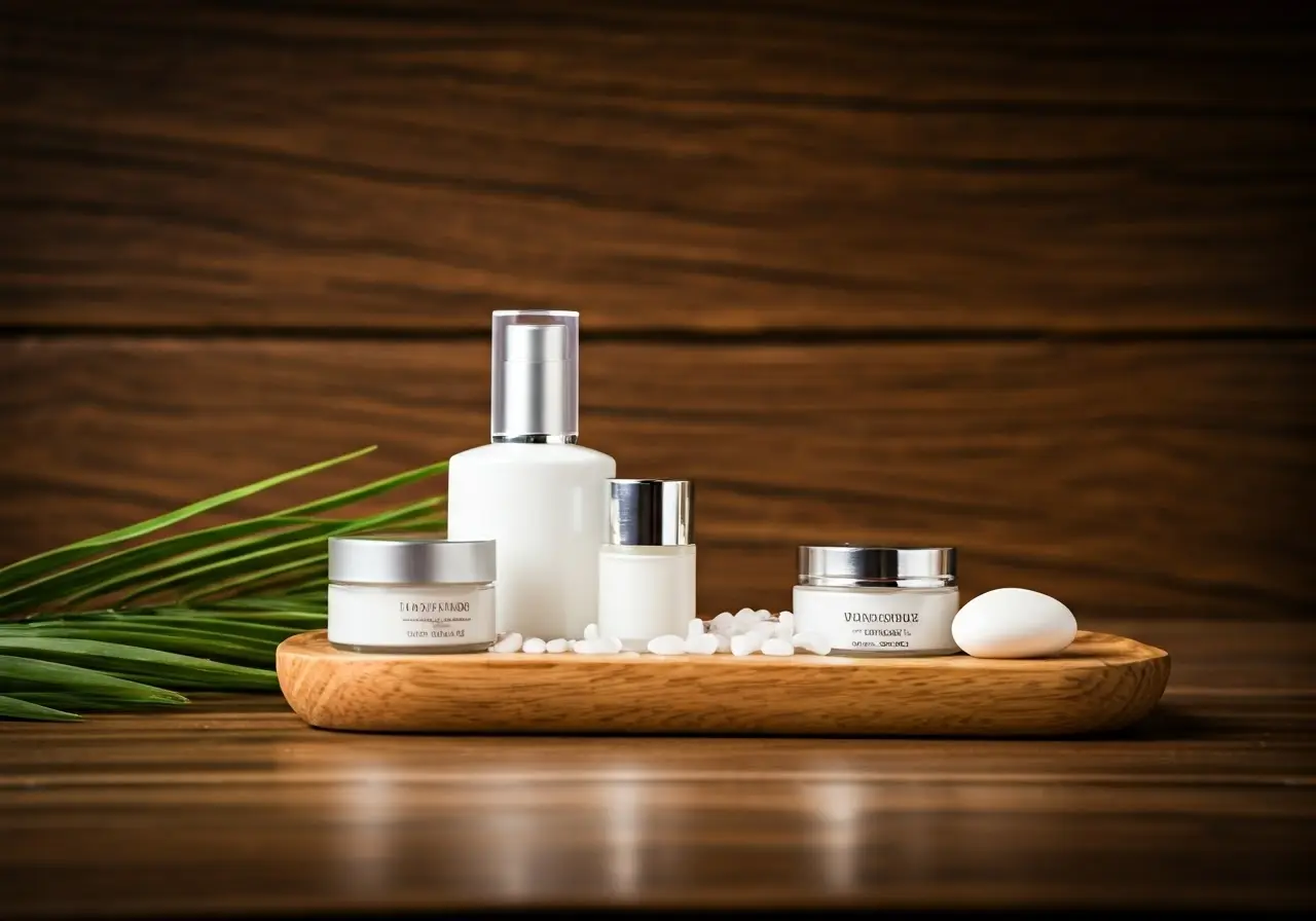 A serene spa setting with luxurious skincare products displayed. 35mm stock photo