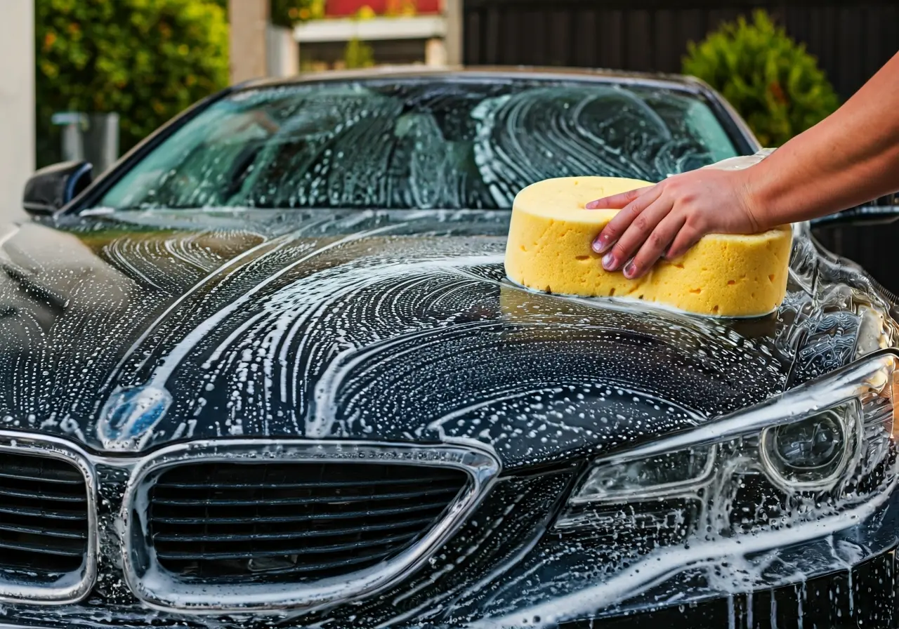 A gleaming car being cleaned with a foamy sponge. 35mm stock photo