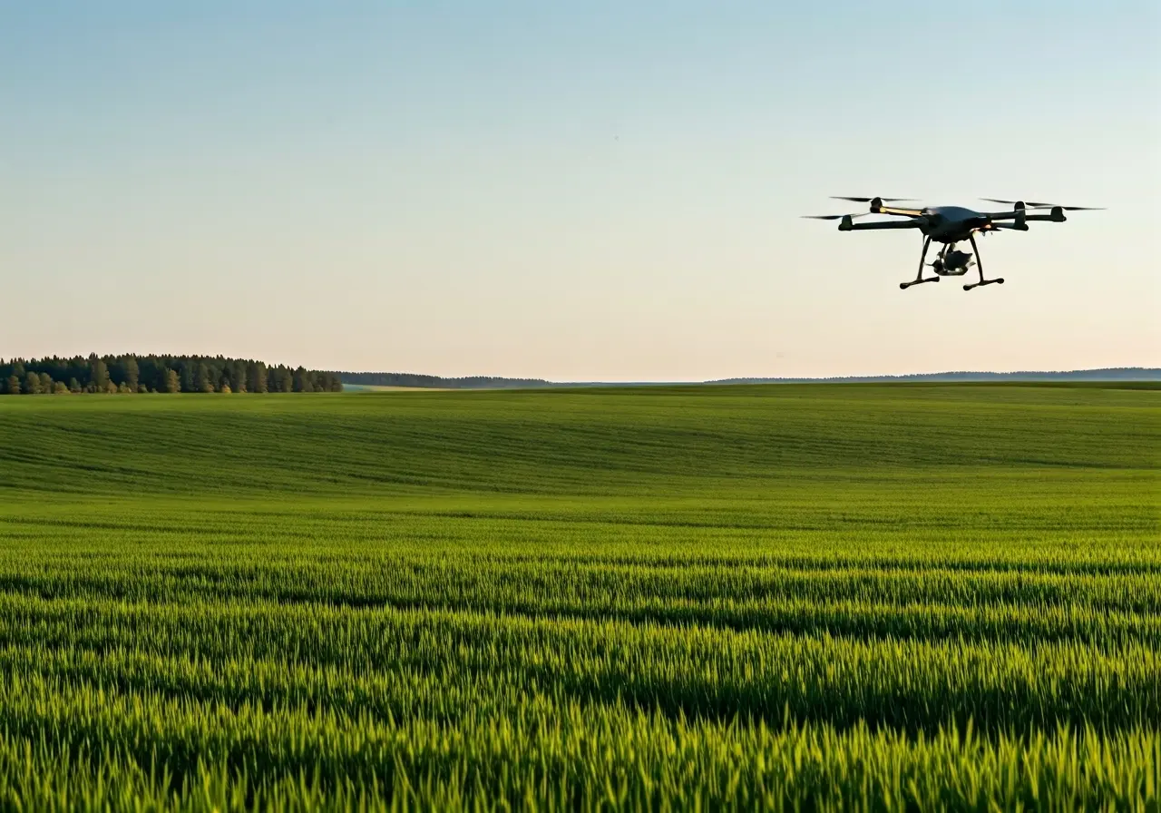 A drone sprays crops over a vast, green farmland. 35mm stock photo