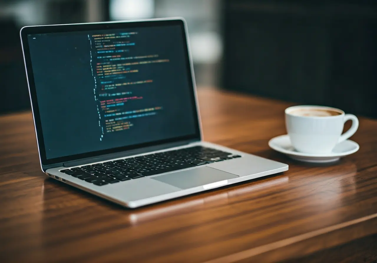 A laptop displaying mobile app code beside a coffee cup. 35mm stock photo