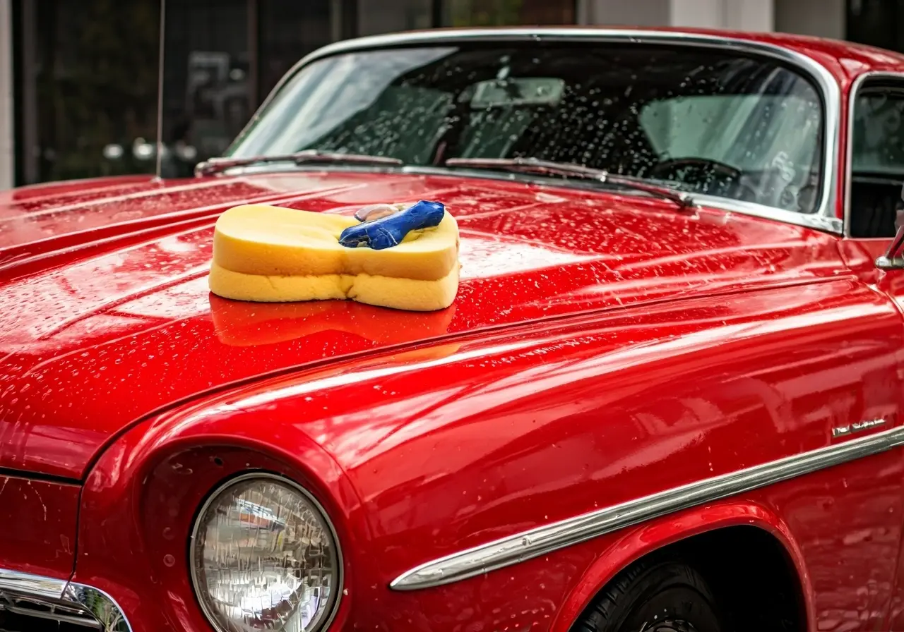 A shiny red car being carefully washed with a sponge. 35mm stock photo