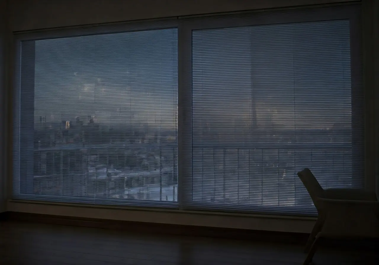 Smart home with dimmed lighting and automated window shades. 35mm stock photo