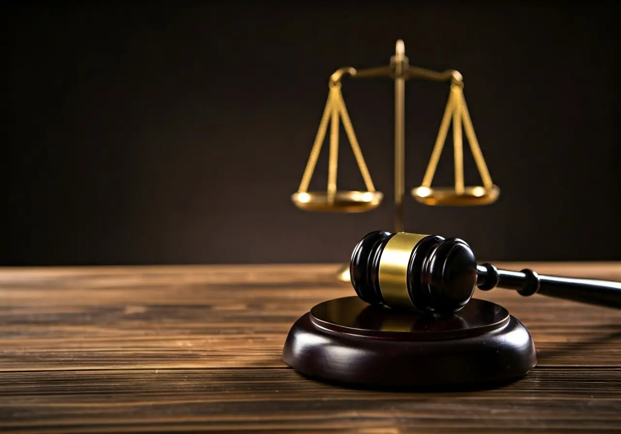 A gavel and scales of justice on a wooden desk. 35mm stock photo