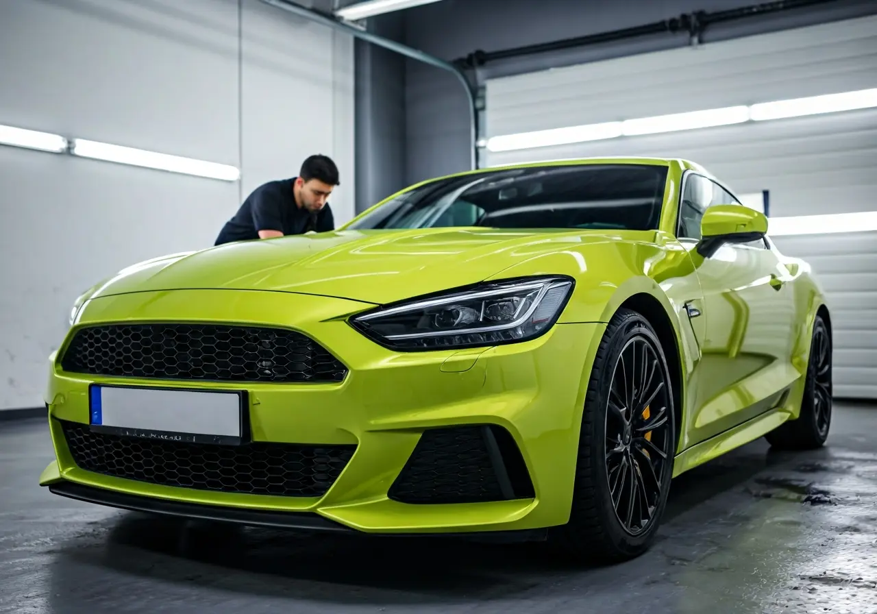 A shiny car being expertly detailed in a professional garage. 35mm stock photo