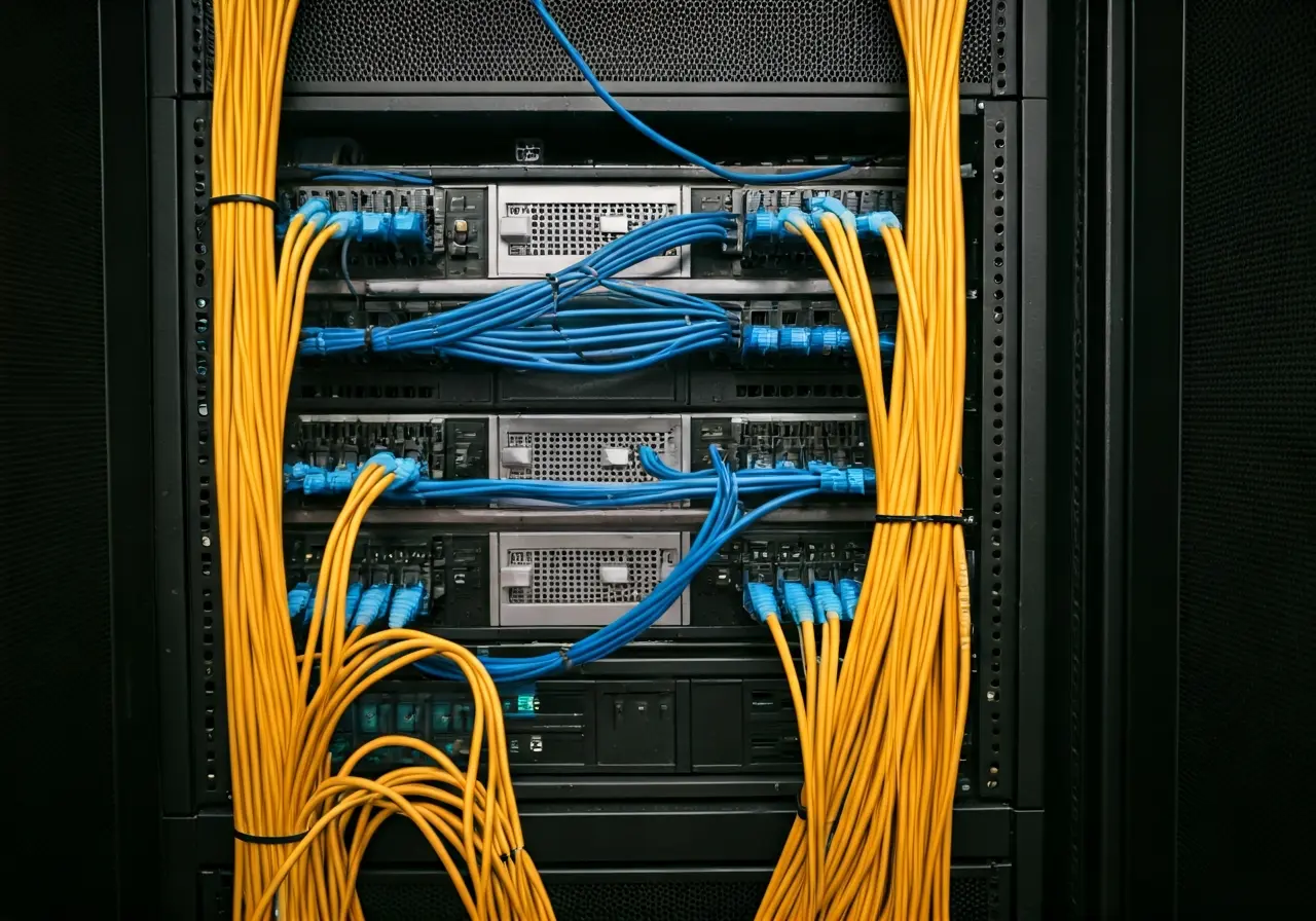 Neatly organized office network cables in a server room. 35mm stock photo