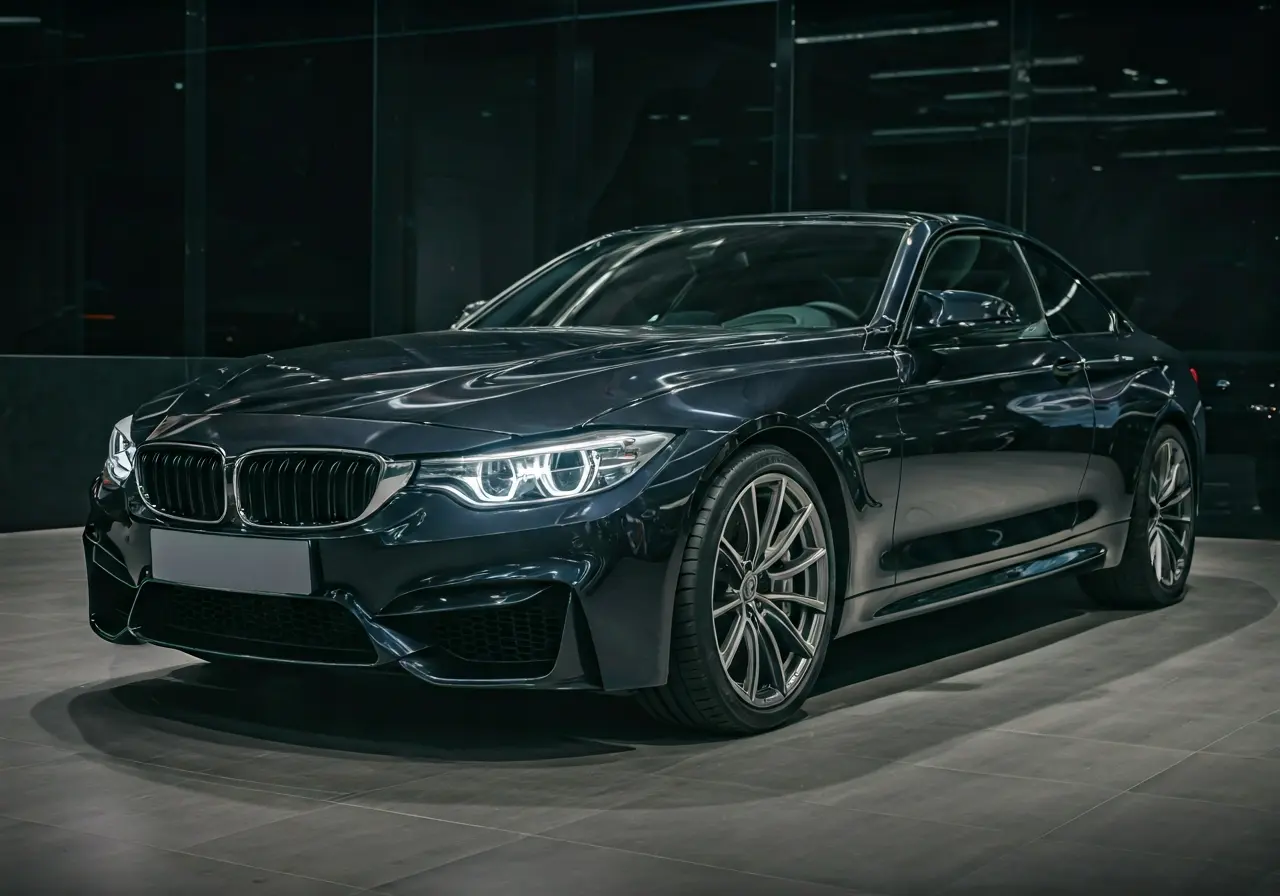 A gleaming luxury car impeccably detailed in a showroom. 35mm stock photo