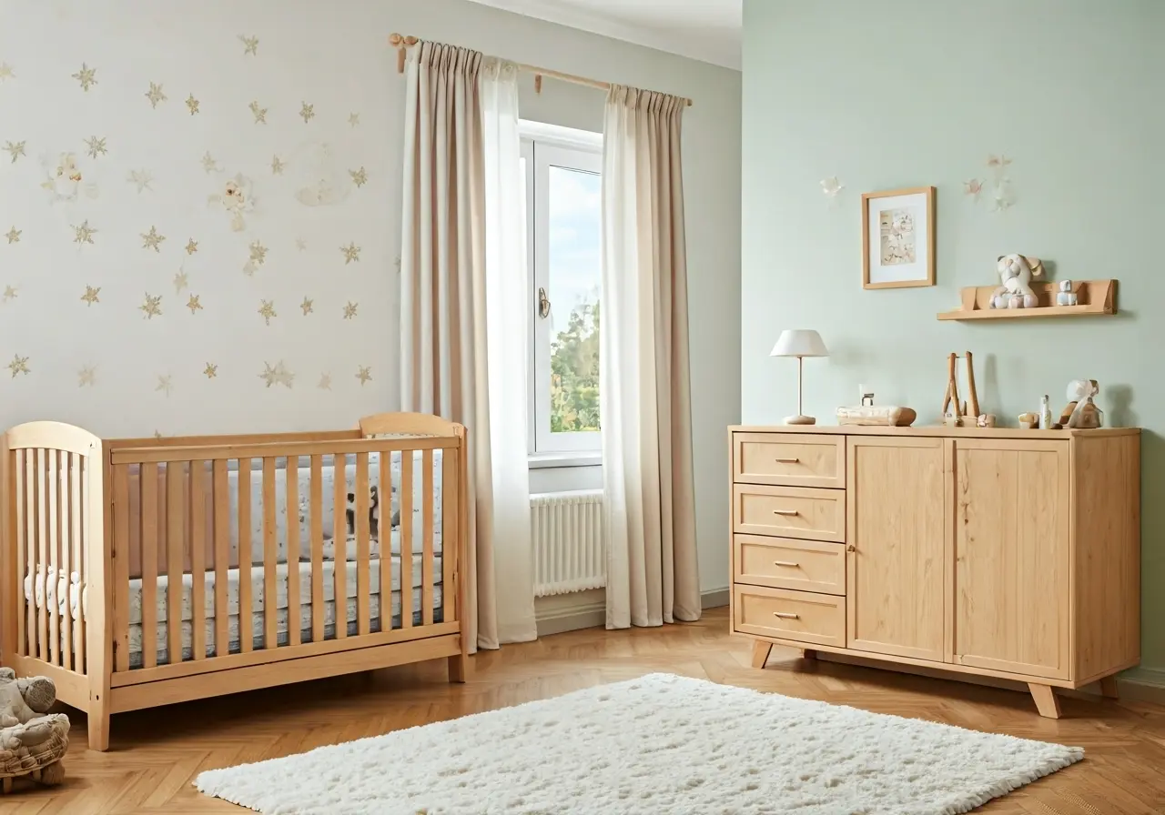 A cozy nursery room with sturdy wooden baby furniture. 35mm stock photo