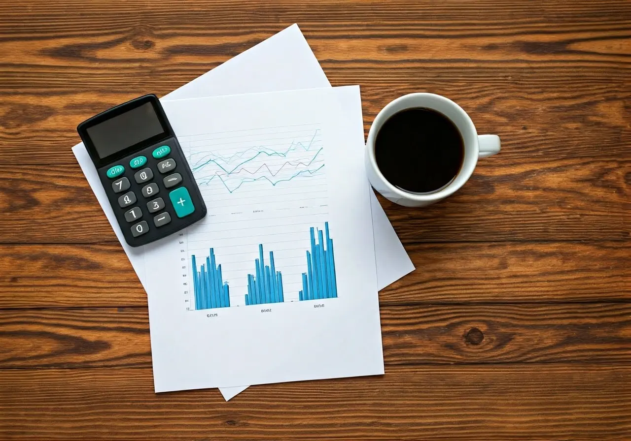 A calculator and financial charts on a wooden desk. 35mm stock photo
