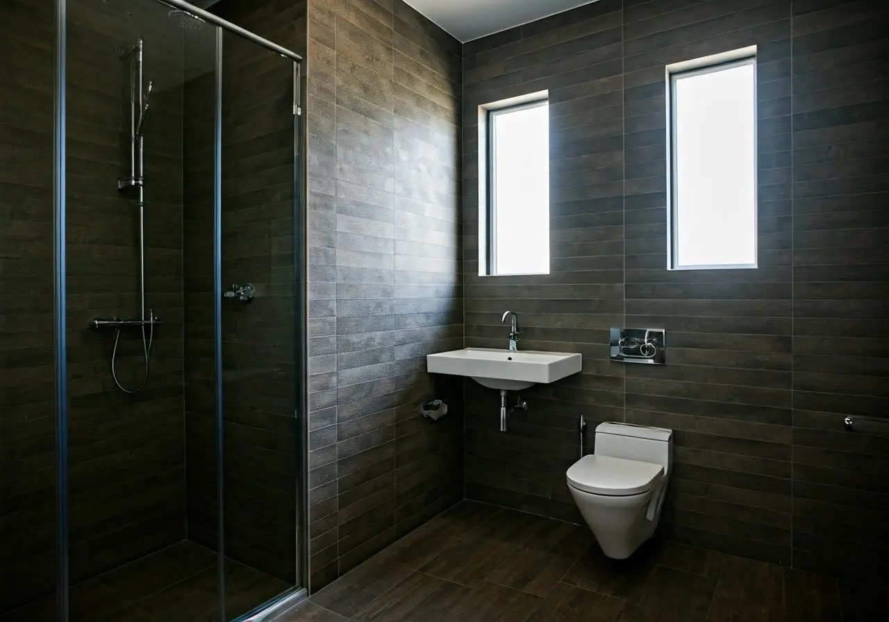 A modern, beautifully renovated bathroom with sleek fixtures and tiles. 35mm stock photo