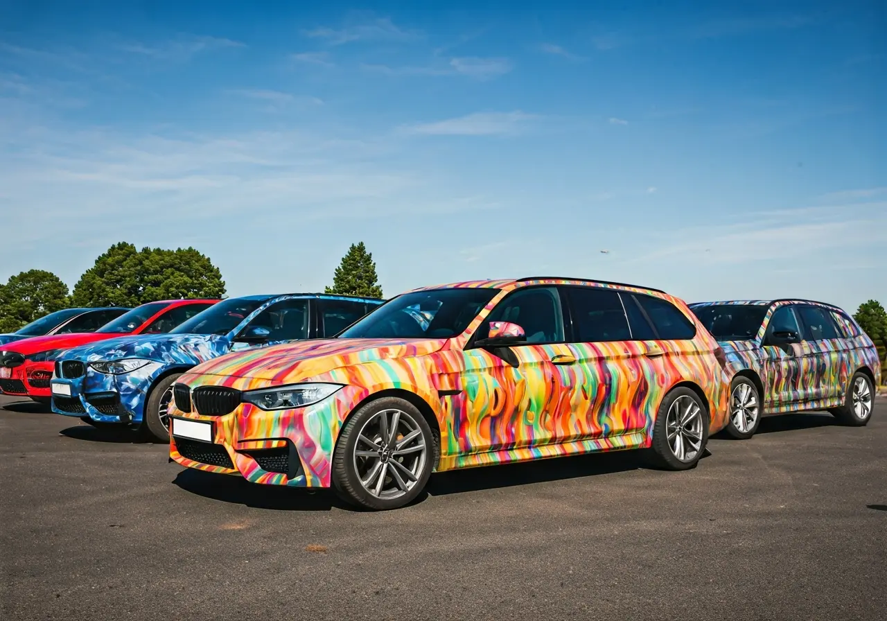 A colorful vehicle fleet with eye-catching wrap designs. 35mm stock photo