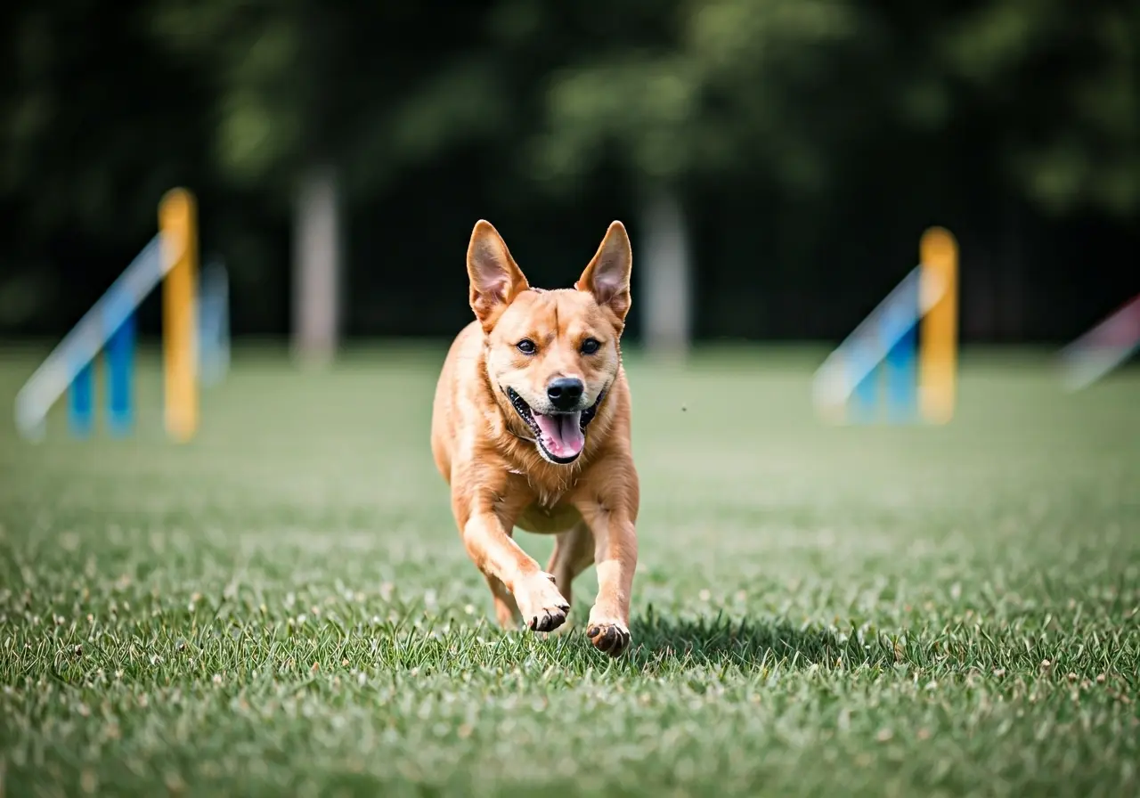 A dog happily completing an agility course in the park. 35mm stock photo