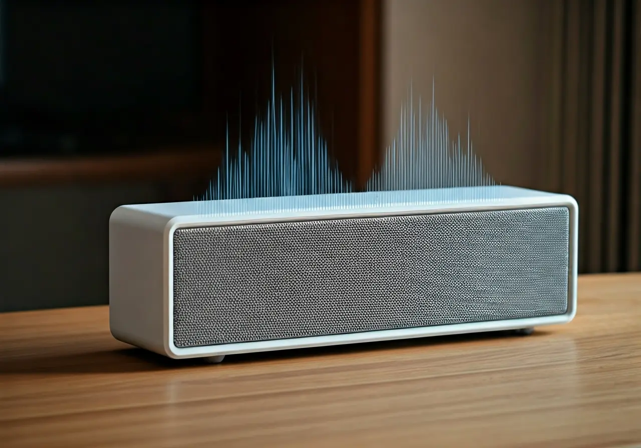 A sleek wireless speaker emitting sound waves in a modern living room. 35mm stock photo