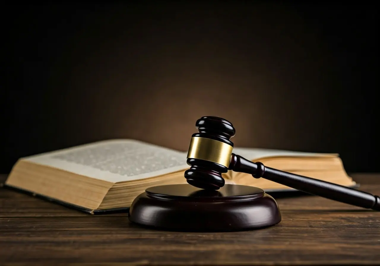 A gavel resting on an open law book. 35mm stock photo