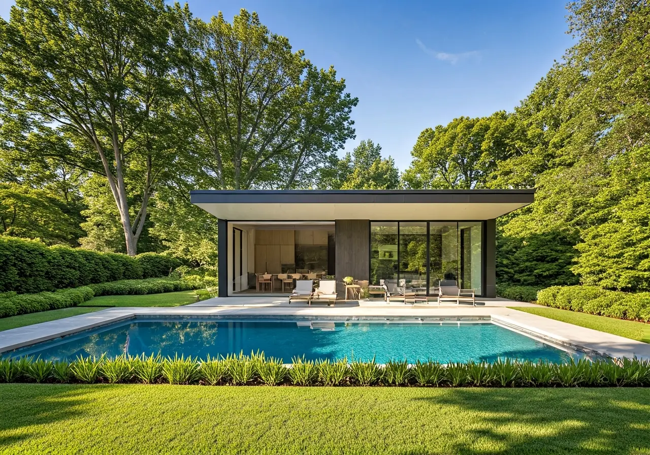 A modern pool house surrounded by lush greenery and pool. 35mm stock photo