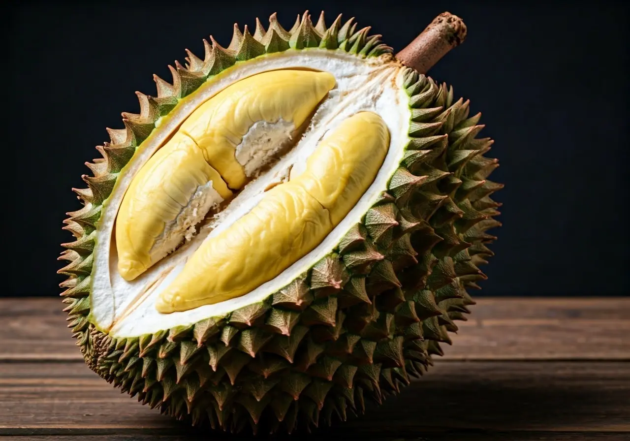 A close-up of a freshly opened durian fruit. 35mm stock photo