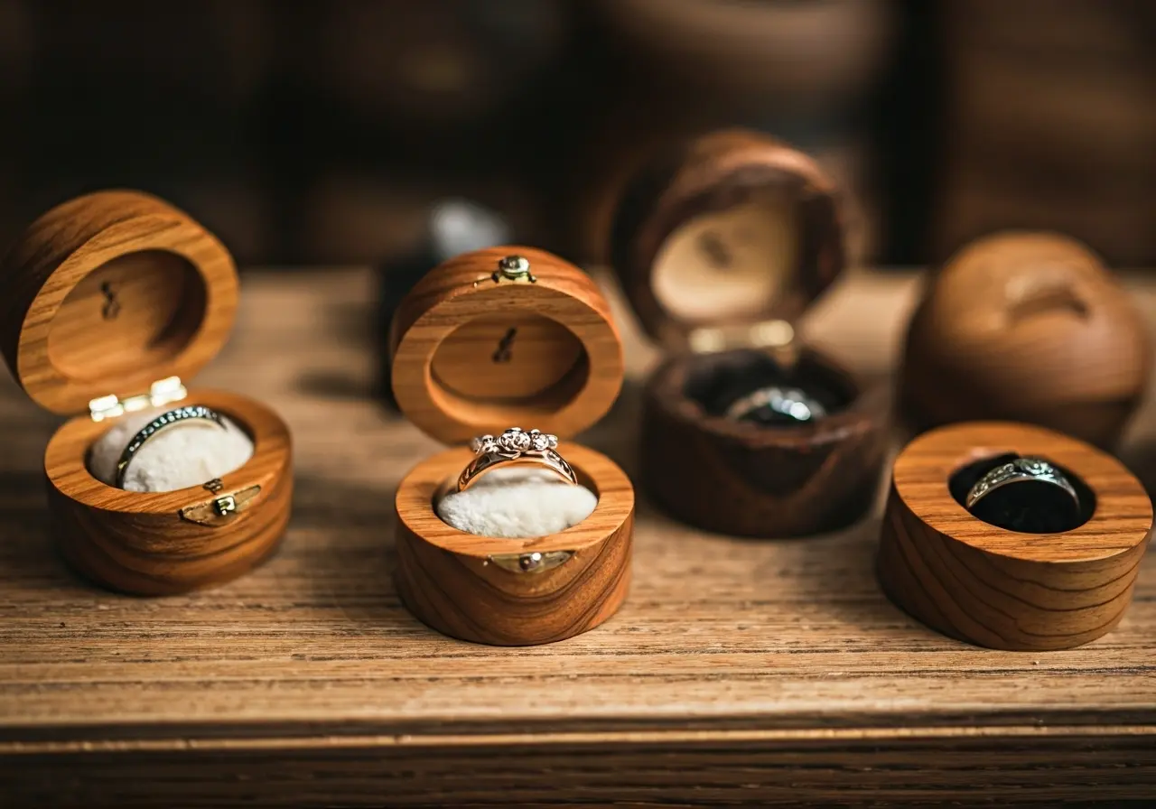 A collection of personalized wooden ring boxes on display. 35mm stock photo