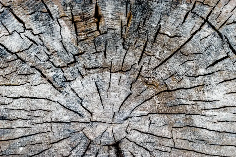Detailed close-up of a weathered tree log showing intricate bark texture and rings.