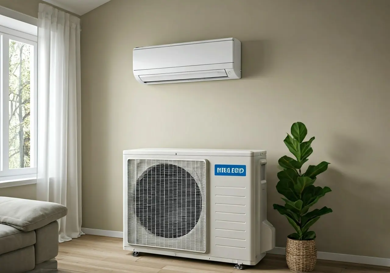 A modern air conditioning unit installed in a cozy living room. 35mm stock photo