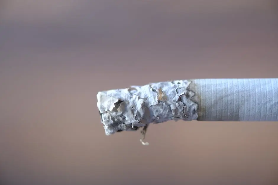 Detailed close-up of a cigarette with ash, highlighting textures and patterns of burning tobacco.