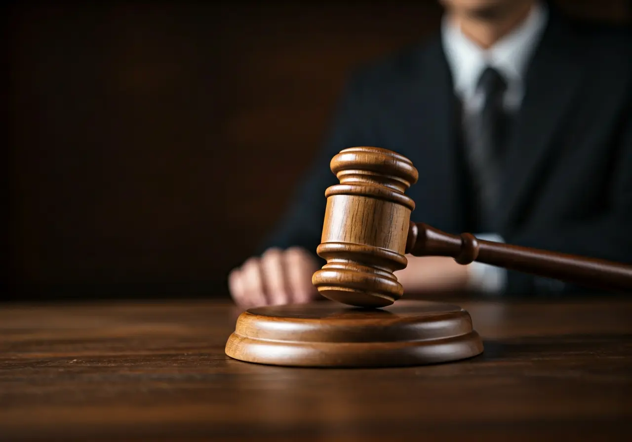 An auctioneer&rsquo;s gavel striking a wooden block in focus. 35mm stock photo