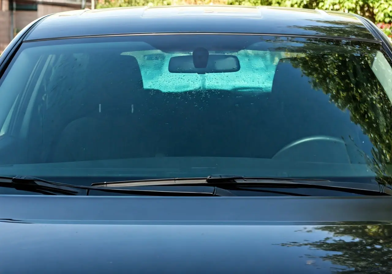 A car windshield with a visible tint film in sunlight. 35mm stock photo