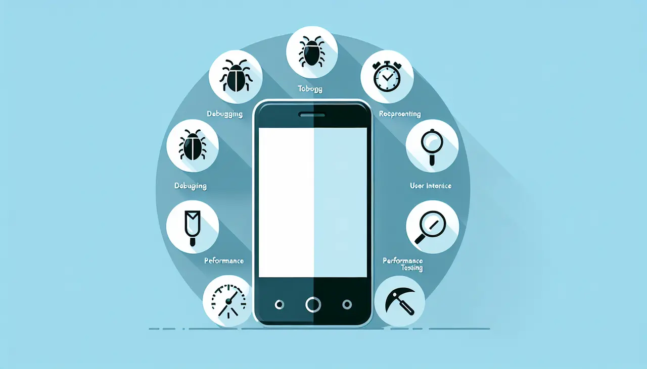 Draw a graphic in flat design style. A clean, flat-design illustration of a smartphone with eight icons around it representing different app testing tools and processes, on a light blue background.