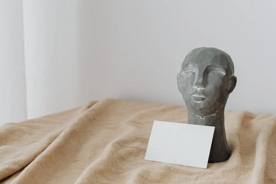 Abstract sculpture of a head with a blank card on a textile background offers creative copyspace.