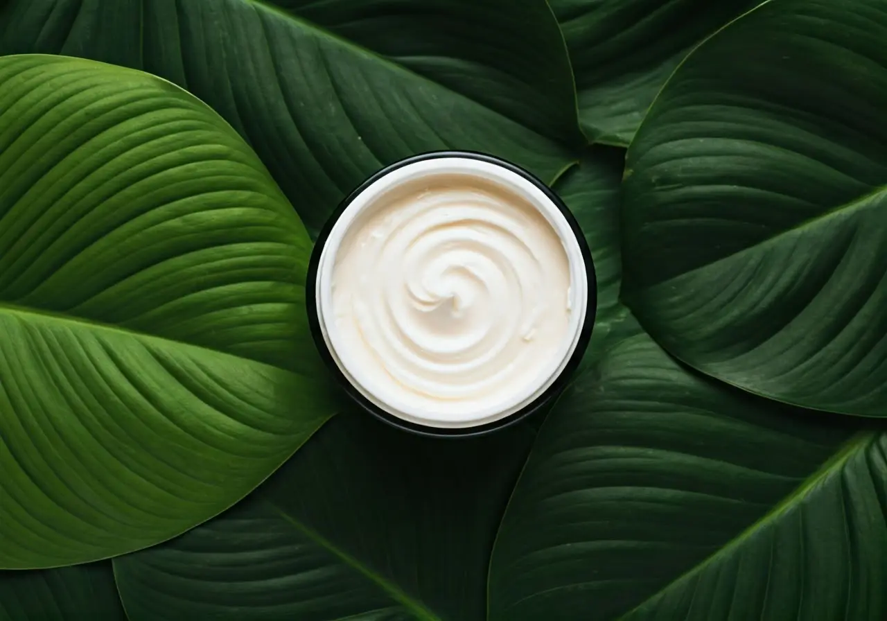 A jar of creamy body butter surrounded by lush green leaves. 35mm stock photo