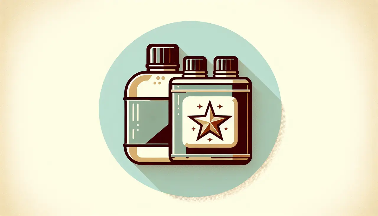 Draw a graphic in flat design style. A flat design illustration of two large containers of lighter fluid side by side, with one displaying a gold star badge, set against a light background with minimal elements.