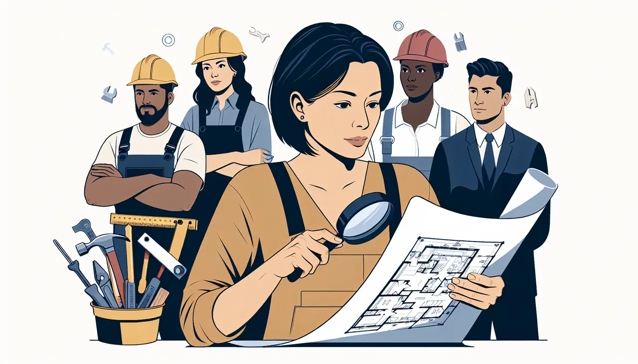 Draw a graphic in flat design style. Illustration of a person examining a blueprint with a magnifying glass, surrounded by five diverse construction professionals and renovation tools.