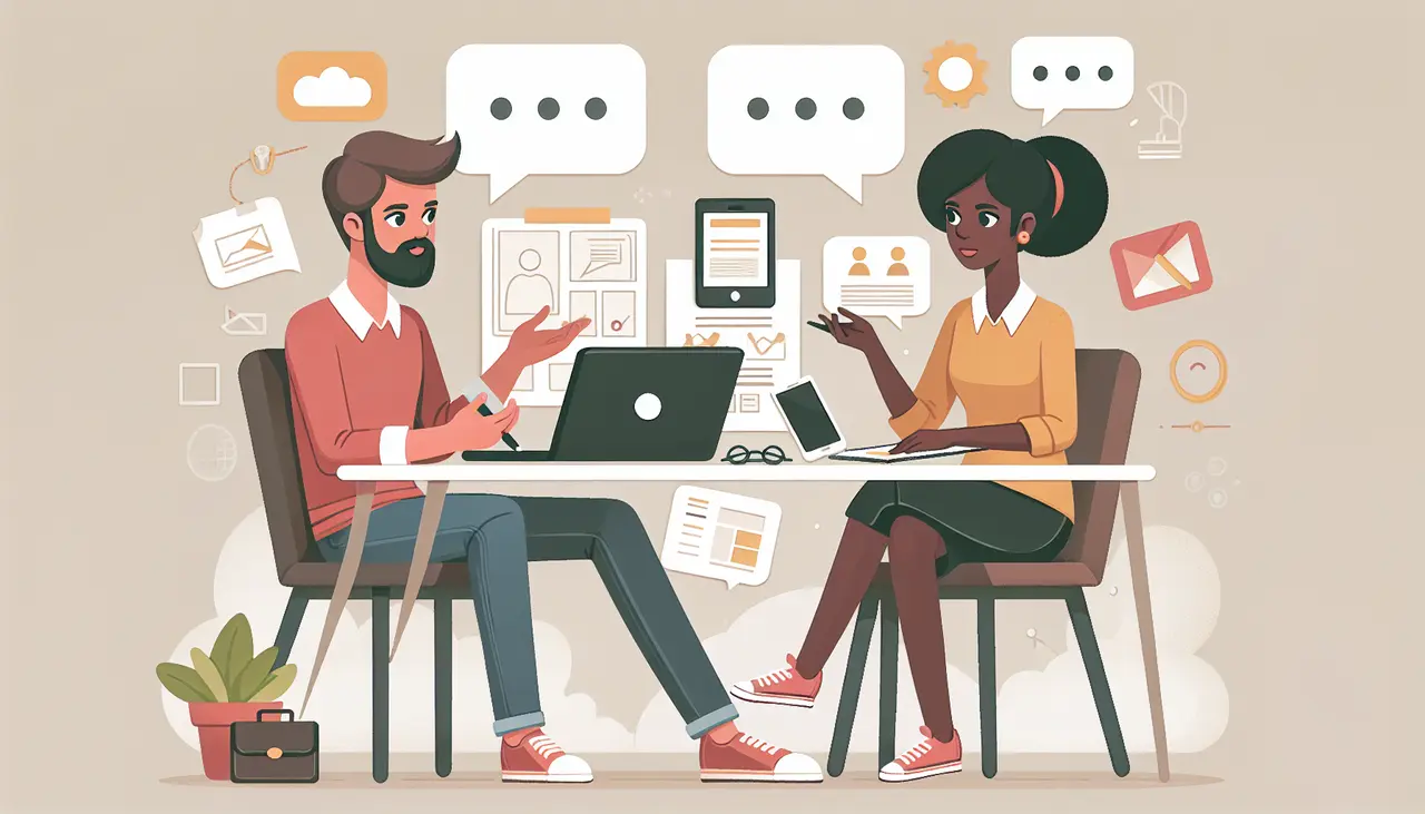 Draw a graphic in flat design style. A flat design illustration of an app designer and a developer sitting at a table, surrounded by sketches, a laptop, and a smartphone, discussing a project, with speech bubbles indicating communication.