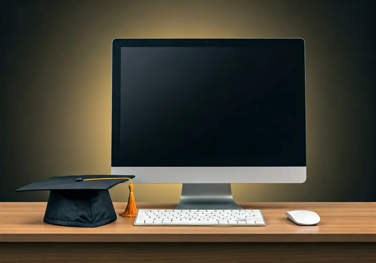 A computer sitting on a desk beside a graduation cap. 35mm stock photo